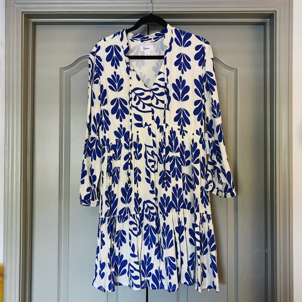Japna Blue White Floral Dress Size M Boho Tiered Tunic Mini NWT